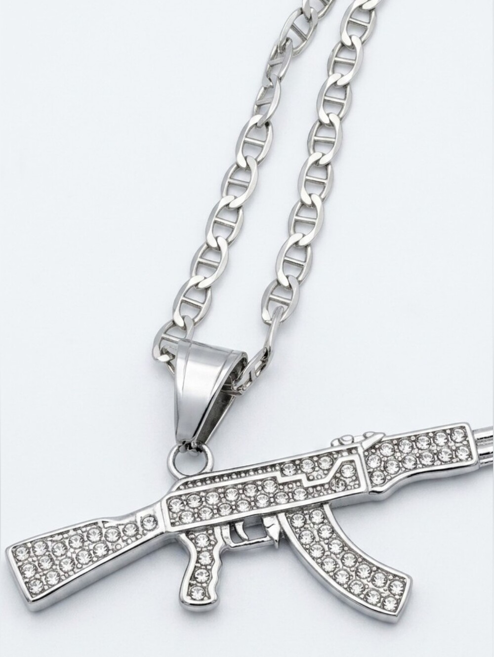 Silver 925 Mariners Link Chain w/ Moissanite AK-47 Pendant Italy Stamped